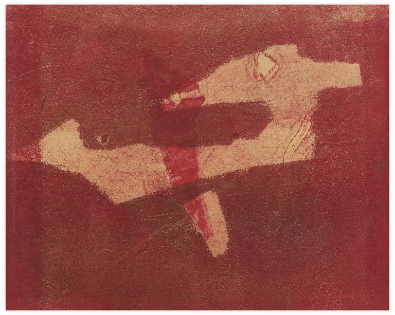 Catalogue raisonné, Norris Embry, Sans titre (Composition abstraite, deux formes découpées, fond rouge), vers 1955-60