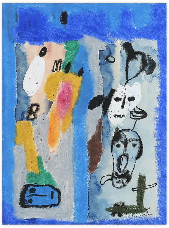 Catalogue raisonné, Norris Embry, Sans titre (Trois masques et bédouins sur fond bleu), 1966