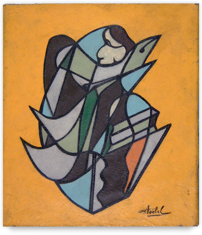 Catalogue raisonné, Edgar Stoëbel, voilier / compo femme-oiseau sur fond jaune