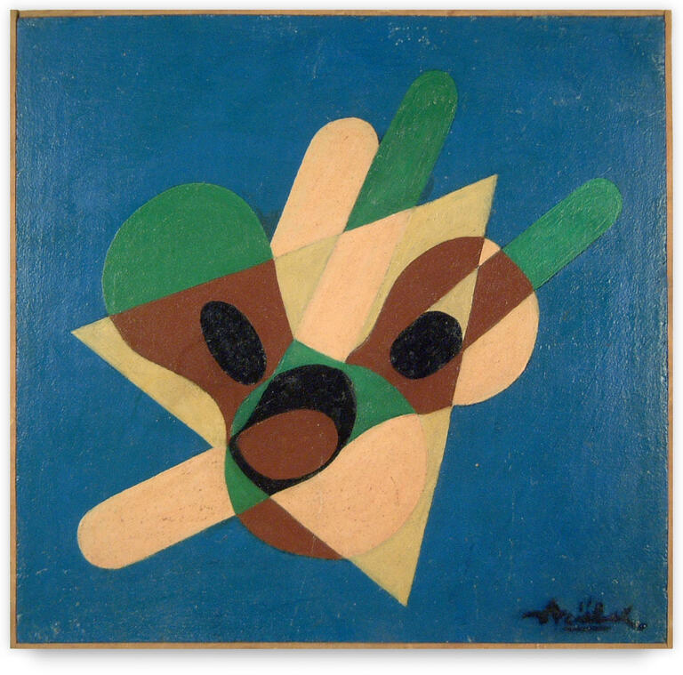 Catalogue raisonné, Edgar Stoëbel, compo aux guitares avec triangle jaune (fond bleu)