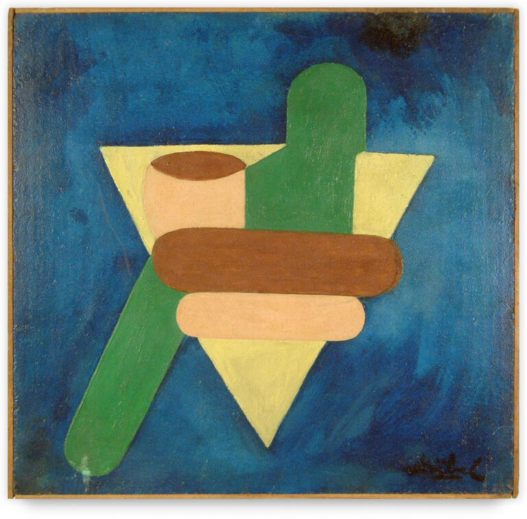 Catalogue raisonné, Edgar Stoëbel, compo formes et triangle jaune (fond bleu)