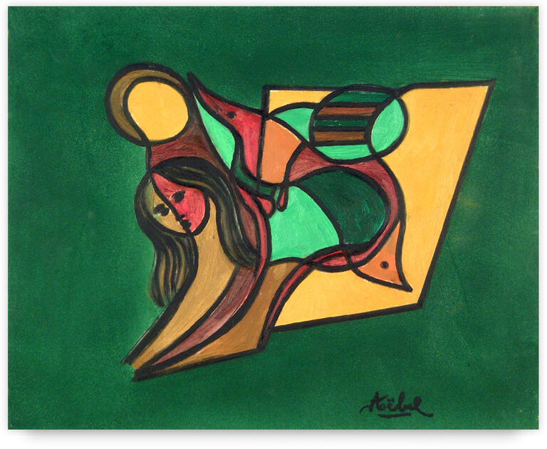 Catalogue raisonné, Edgar Stoëbel, composition femme-oiseau sur fond vert