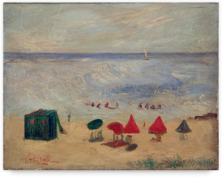 Catalogue raisonné, Edgar Stoëbel, landscape / parasols sur la plage / on attend la vague
