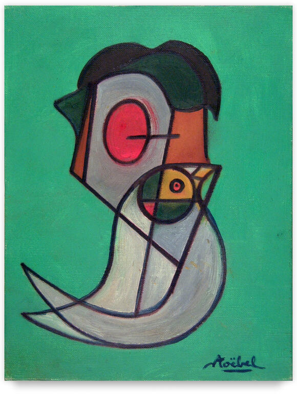 Catalogue raisonné, Edgar Stoëbel, tête et oiseau sur fond vert