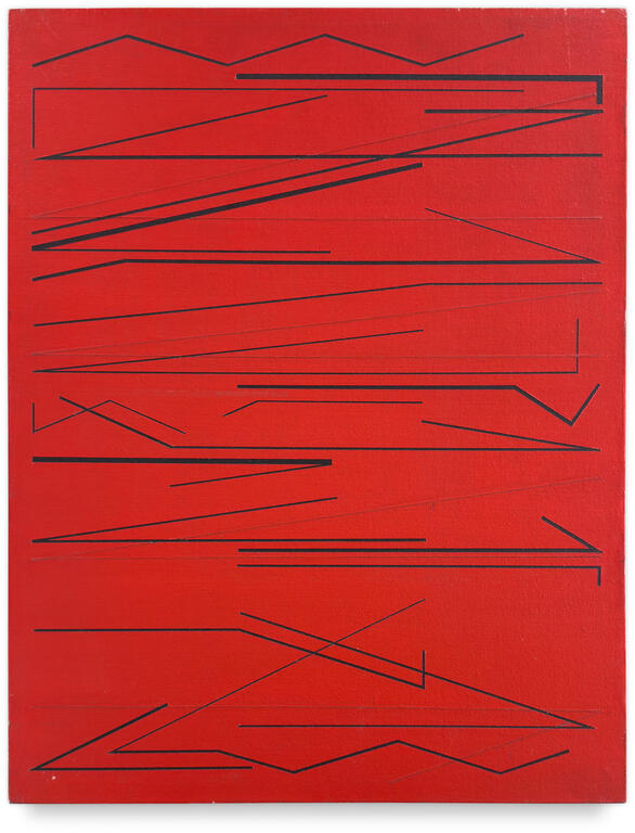 Catalogue raisonné, Henri Prosi, SANS TITRE (fond rouge lignes noires brisées horizontales) — circa 1990/1991