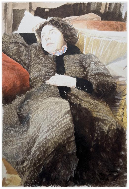Catalogue raisonné, Claude Grobéty, Étendue pouffe main sous la tête, robe chat, coussin rouge - 1993