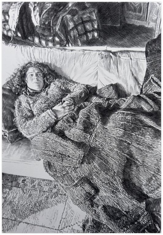 Catalogue raisonné, Claude Grobéty, Couché sur lainage, mains croisées - 1966