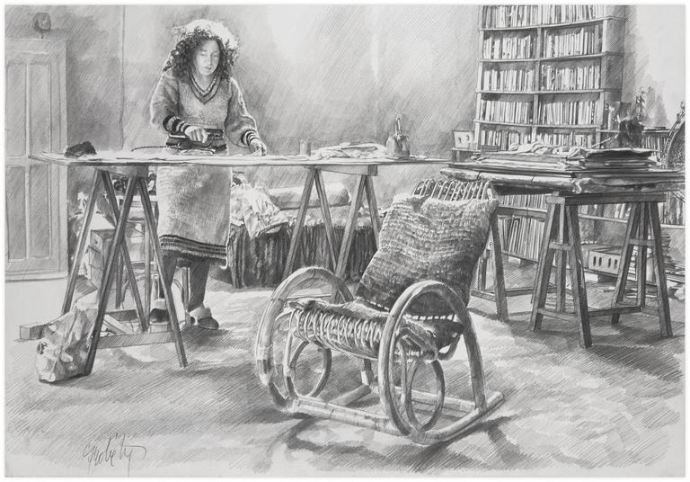 Catalogue raisonné, Claude Grobéty, Debout table de couture, fauteuil bascule - 1981