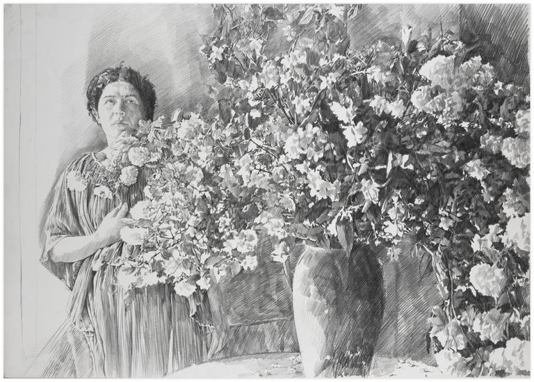 Catalogue raisonné, Claude Grobéty, Robe verte, derrière bouquet seringat - 1980