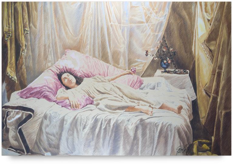 Catalogue raisonné, Claude Grobéty, Couché draperie pouffe rose - circa 1982
