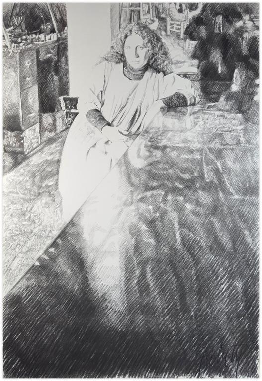 Catalogue raisonné, Claude Grobéty, Robe blanche, accoudée à la table - circa 1981