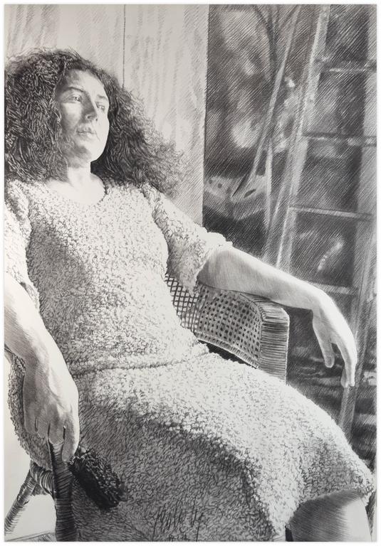 Catalogue raisonné, Claude Grobéty, Série géante, assis bras posé sur les accoudoirs du fauteuil rotin - 1982