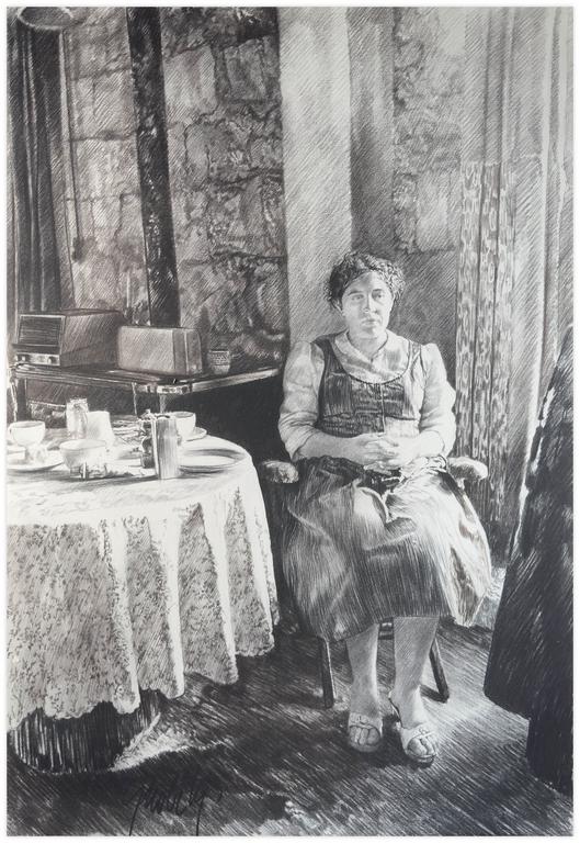 Catalogue raisonné, Claude Grobéty, Assis mains jointes près de la table - circa 1982