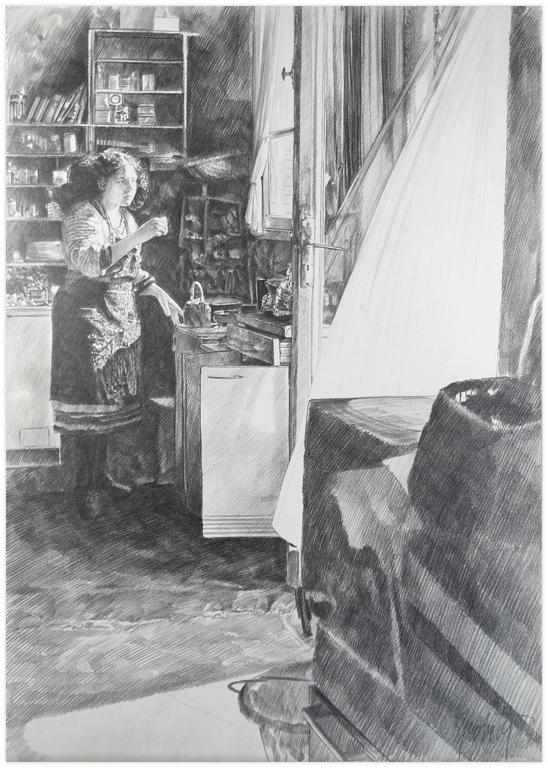Catalogue raisonné, Claude Grobéty, Debout devant la théière, rideau vole - 1980