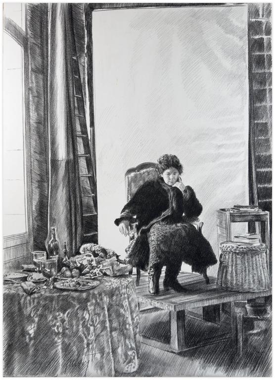 Catalogue raisonné, Claude Grobéty, Assis Voltaire estrade, devant la table servit - circa 1982