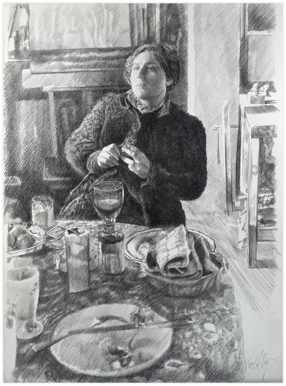 Catalogue raisonné, Claude Grobéty, Assis robe chat devant table, fin du repas - circa 1979