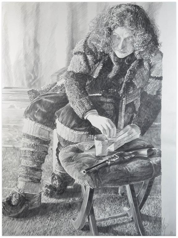 Catalogue raisonné, Claude Grobéty, Roule une cigarette, revolver pierre noire sur le tabouret - 1983