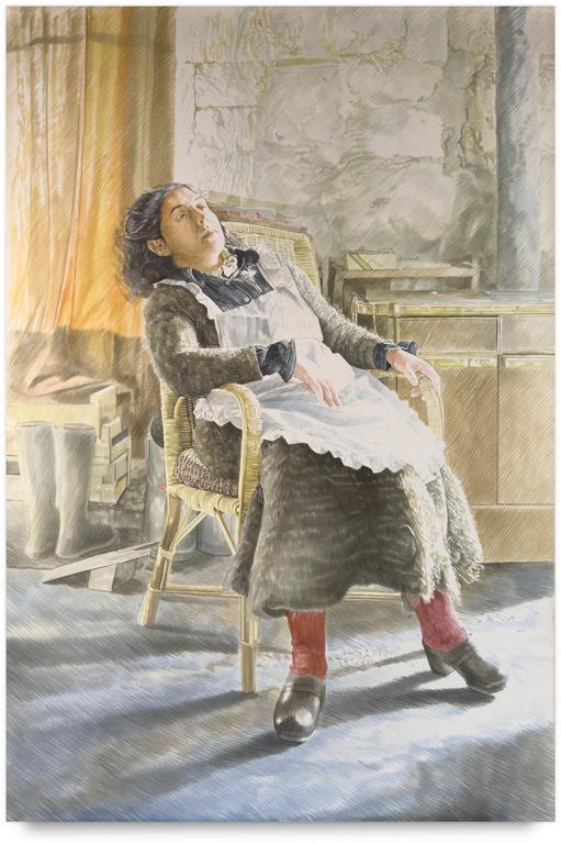 Catalogue raisonné, Claude Grobéty, Robe chat , tablier blanc, fauteuil bascule, rideau fermé, bottes