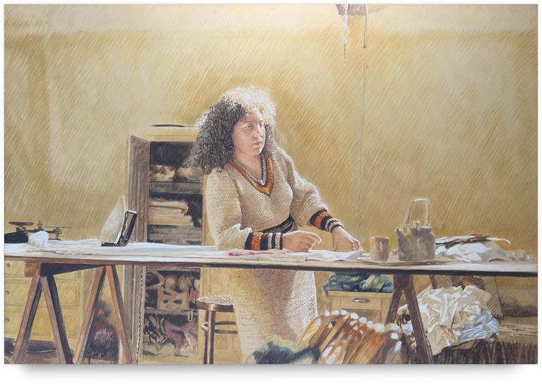 Catalogue raisonné, Claude Grobéty, Robe blanche et orange « Rayon de lucarne », derrière les tréteaux - 1980