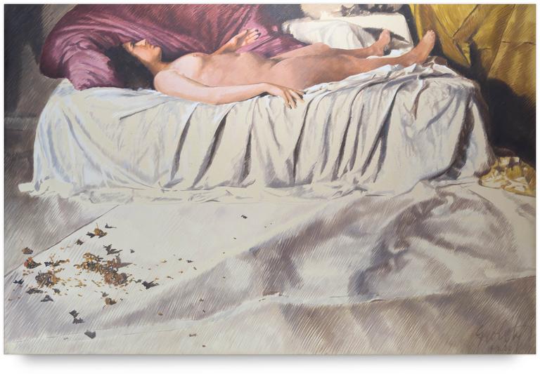 Catalogue raisonné, Claude Grobéty, Nu allongé, tête sur pour rose, fleurs séchées - 1980