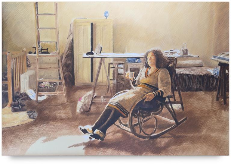 Catalogue raisonné, Claude Grobéty, Robe blanche et orange assis fauteuil bascule - circa 1981