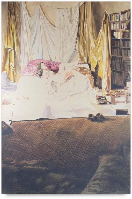 Catalogue raisonné, Claude Grobéty, Nu couché, appuyé sur bras droit, grandes draperies - circa 1980