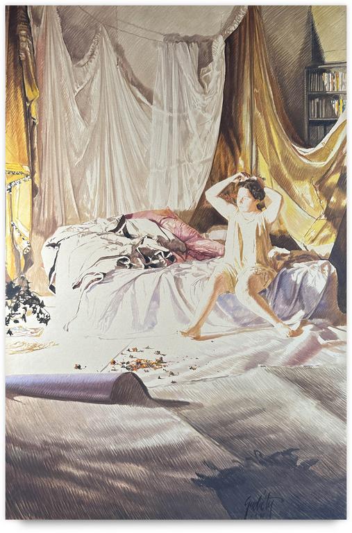 Catalogue raisonné, Claude Grobéty, Assis, ajuste chignon, draperie jaune - 1980
