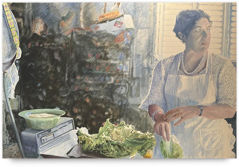 Catalogue raisonné, Claude Grobéty, Robe blanche, tablier blanc, salade, volets fermés - 1985
