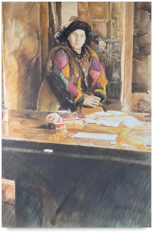 Catalogue raisonné, Claude Grobéty, Bouffon, gilet cuir derrière la table « visiteuse Hiver » - 1979
