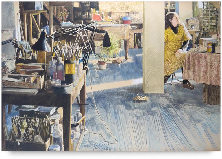 Catalogue raisonné, Claude Grobéty, Robe jaune derrière colonne à gauche, table à pinceaux - 1980