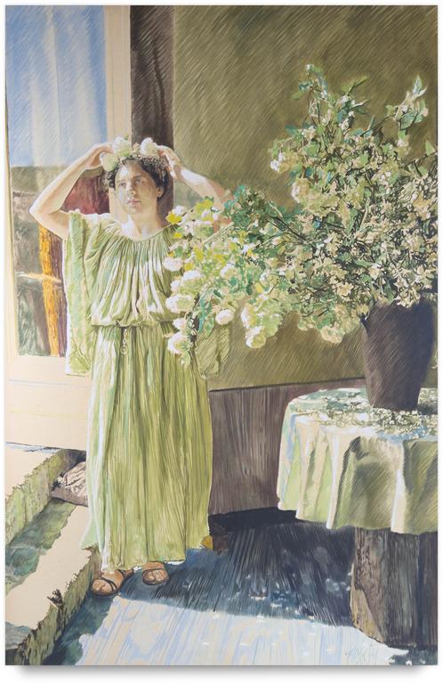 Catalogue raisonné, Claude Grobéty, Robe verte, pose fleurs dans les cheveux, grand bouquet - 1980