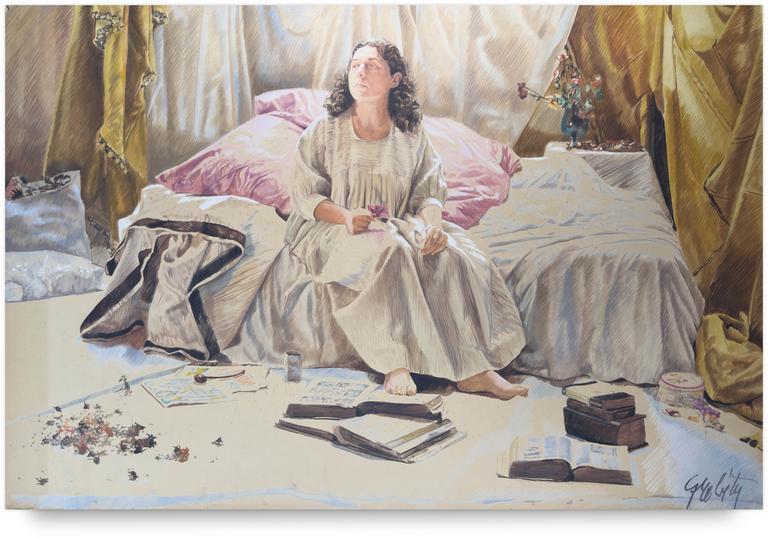 Catalogue raisonné, Claude Grobéty, Série La culture foulée aux pieds, robe blanche, deux mains sur les genoux - circa 1981	