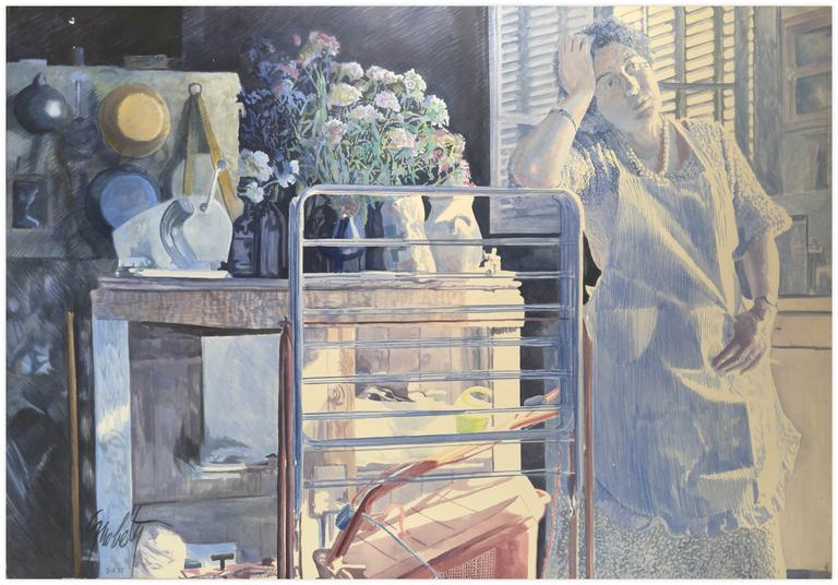 Catalogue raisonné, Claude Grobéty, Volets fermés, robe blanche accoudé à porte-linge - 1985
