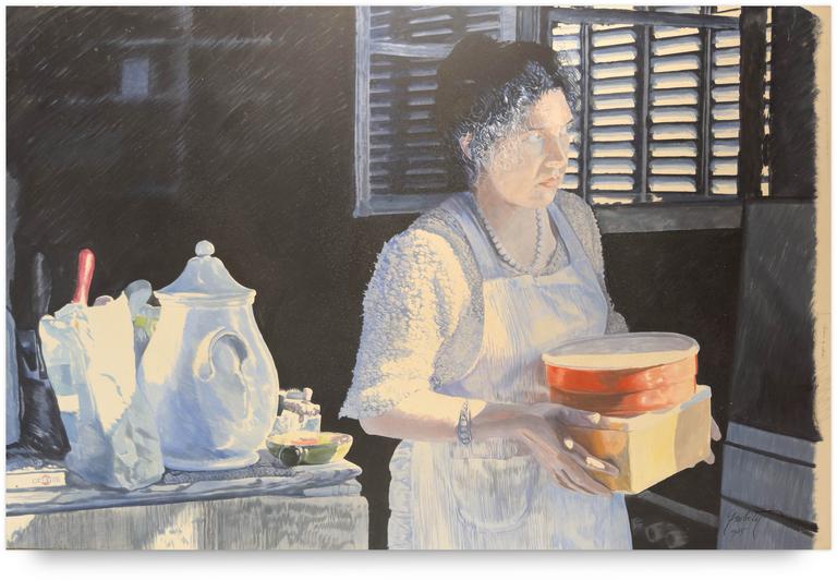 Catalogue raisonné, Claude Grobéty, Robe blanche, volets fermés boites farine et sucre - 1985