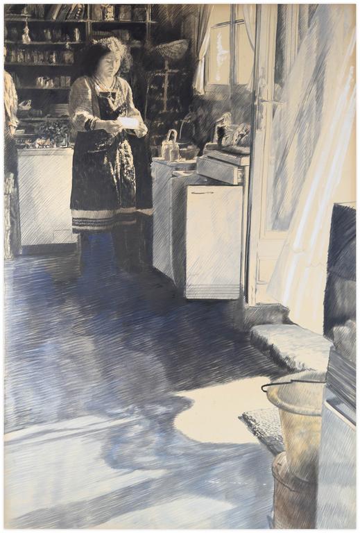 Catalogue raisonné, Claude Grobéty, Dans la cuisine, tablier noir lumière devant la fenêtre - circa 1982