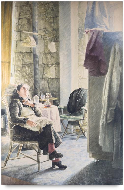 Catalogue raisonné, Claude Grobéty, Robe chat, fauteuil rotin, chambre noire devant la fenêtre - circa 1982