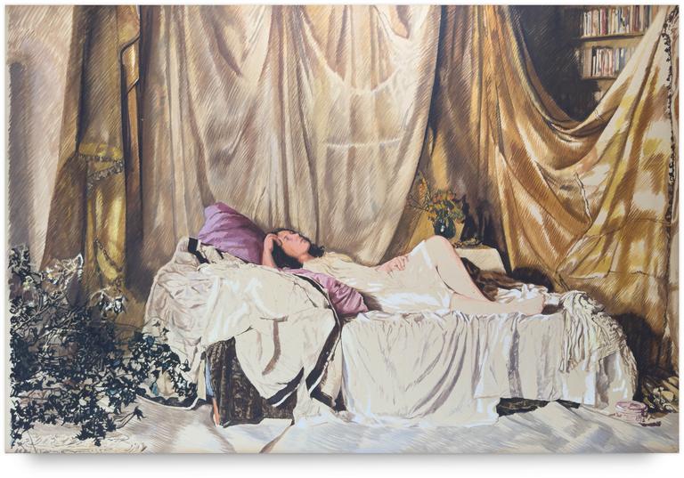 Catalogue raisonné, Claude Grobéty, Série draperie, adossé à pouf rose - circa 1980