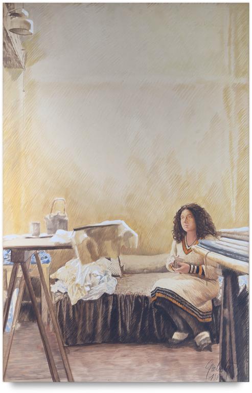 Catalogue raisonné, Claude Grobéty, Assis, robe blanche et orange, tréteau, théière - 1980