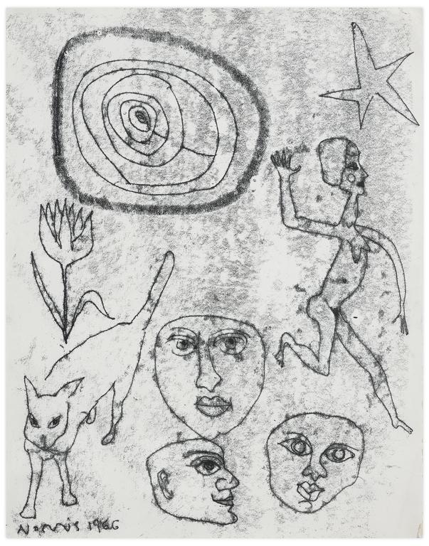 Catalogue raisonné, Norris Embry, Sans titre (Trois visages, danseuse et chien), 1966