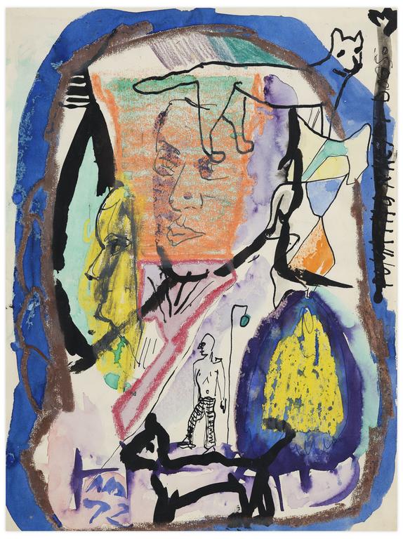 Catalogue raisonné, Norris Embry, Sans titre (Homme debout, deux visages et deux chiens de profil), 1972