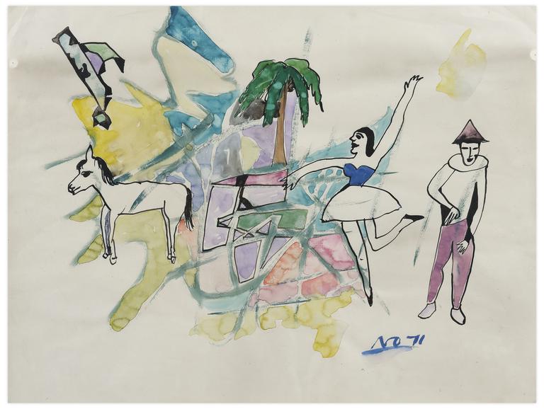 Catalogue raisonné, Norris Embry, Sans titre (Arlequin, danseuse et âne), 1971