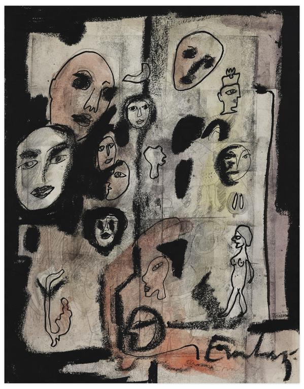 Catalogue raisonné, Norris Embry, Sans titre (Femme nue debout et visages, bords noir), vers 1964-66