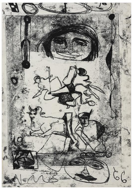 Catalogue raisonné, Norris Embry, Sans titre (Taureau allongé et deux masques), 1966