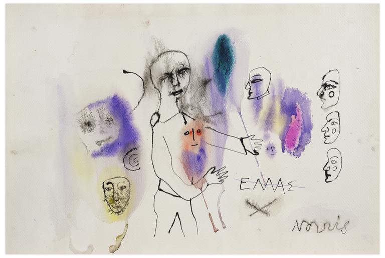 Catalogue raisonné, Norris Embry, Sans titre (Figure debout bras tendus, quatre visages de profil, deux masques), vers 1966
