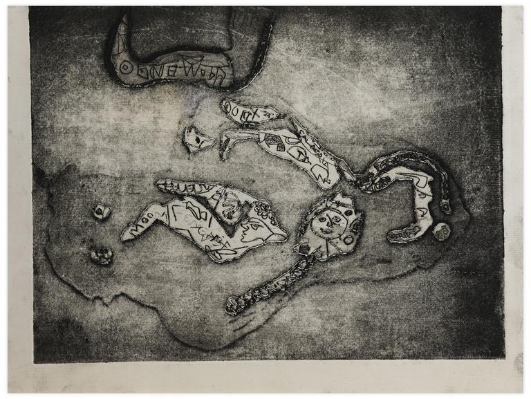 Catalogue raisonné, Norris Embry, Sans titre (Femme dansante, version en silhouette avec deux visage et écritures), probablement troisième état, 1965