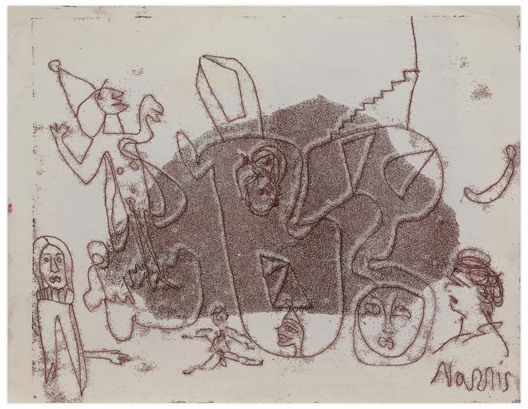 Catalogue raisonné, Norris Embry, Sans titre (Figures et masque sur fond rouge), vers 1960-65