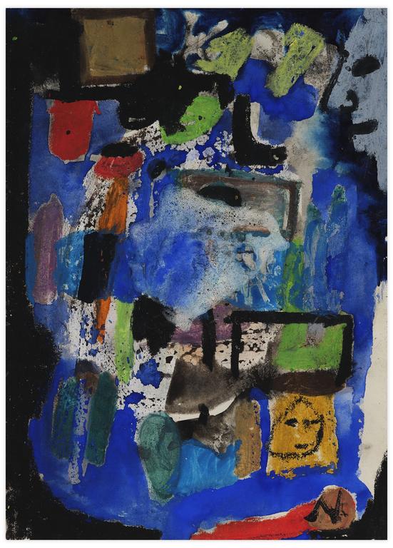 Catalogue raisonné, Norris Embry, Sans titre (Composition bleu, profil en haut à droite), 1965