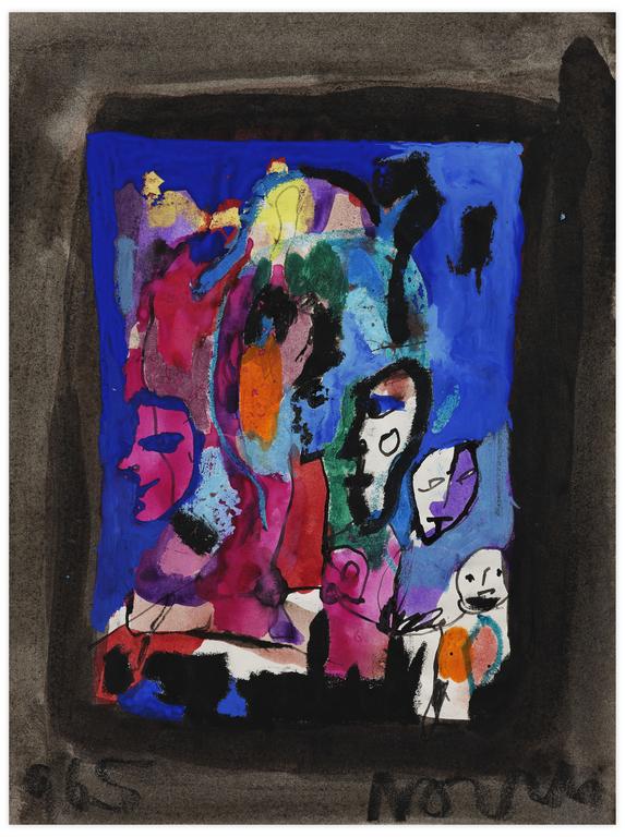 Catalogue raisonné, Norris Embry, Sans titre (Visages de profil et masques sur fond bleu, bordure noire), 1965