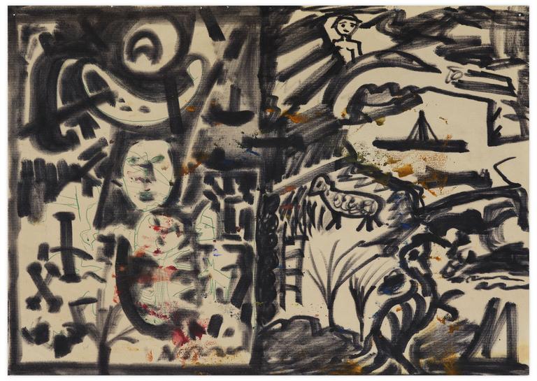 Catalogue raisonné, Norris Embry, Sans titre (Visages, mouton et voilier), vers 1959-60