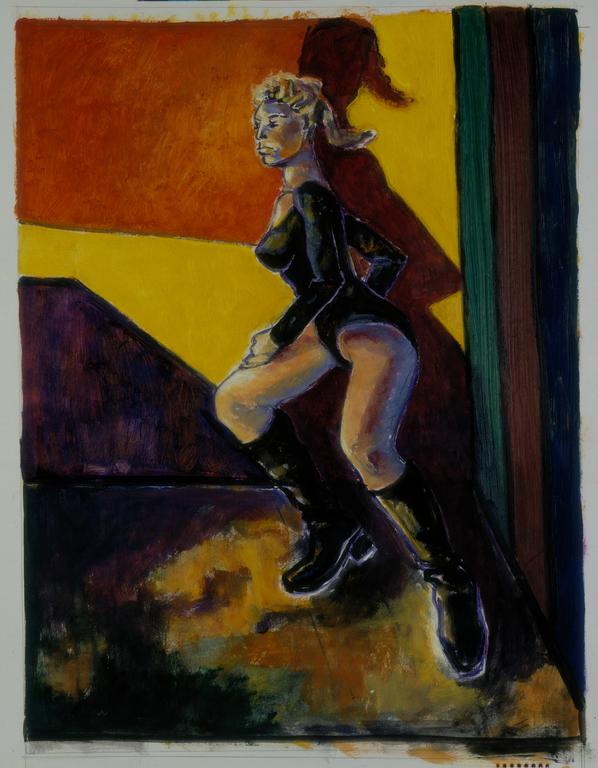 Catalogue raisonné, Brigitte Moreau Serre, Femme en justaucorps sur fond jaune